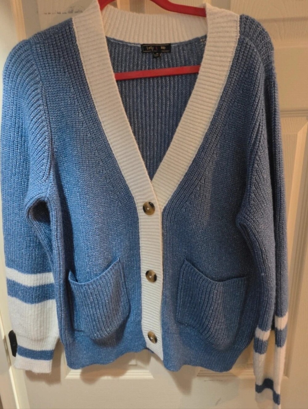 Woman's Sweater 'Stitch Fix Blue V-Neck Button Cardigan with White Trim